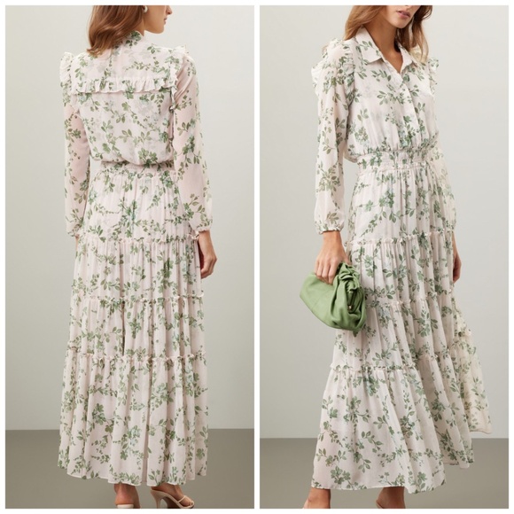Misa Ahreana Green White Floral Long Sleeve Ruffle Maxi Dress - Size XS - Picture 1 of 11